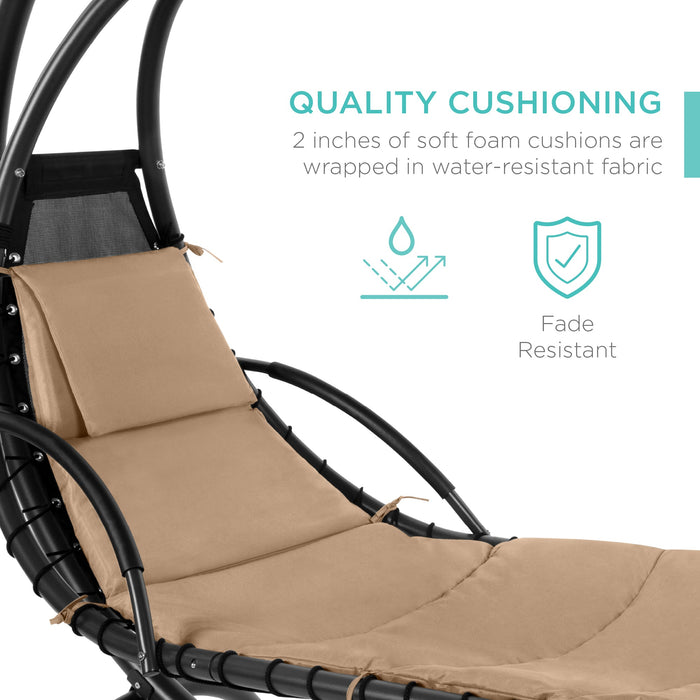 Hanging Curved Chaise Lounge Chair w/ Built-In Pillow, Removable Canopy