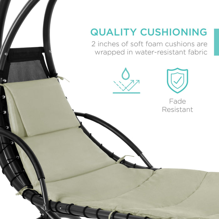 Hanging Curved Chaise Lounge Chair w/ Built-In Pillow, Removable Canopy