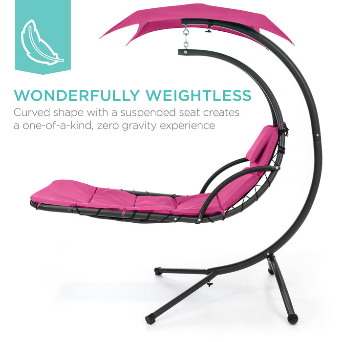 Hanging Curved Chaise Lounge Chair w/ Built-In Pillow, Removable Canopy