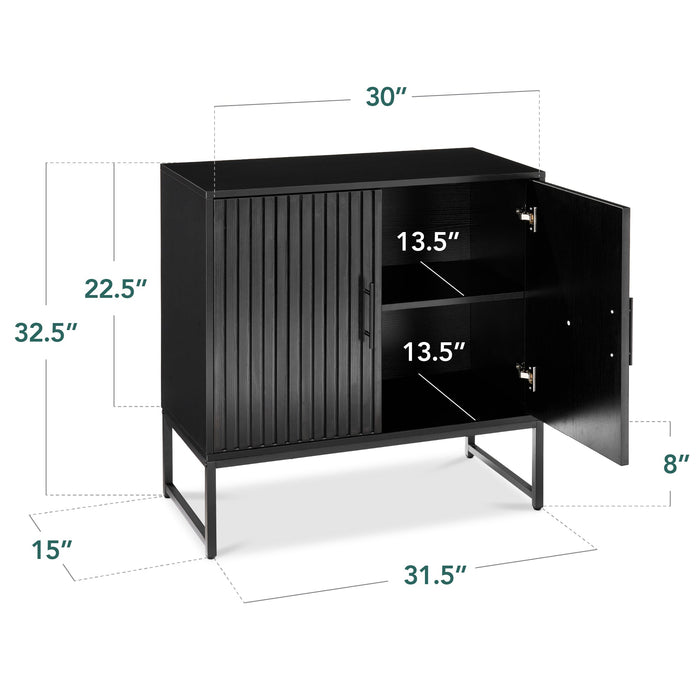 2-Door Slatted Storage Cabinet Accent Furniture w/ Foot Pads