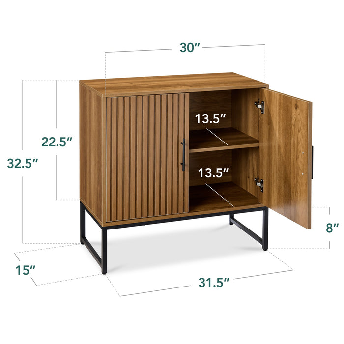 2-Door Slatted Storage Cabinet Accent Furniture w/ Foot Pads