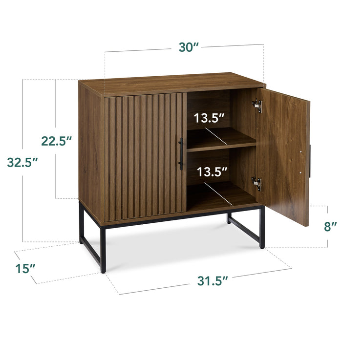 2-Door Slatted Storage Cabinet Accent Furniture w/ Foot Pads