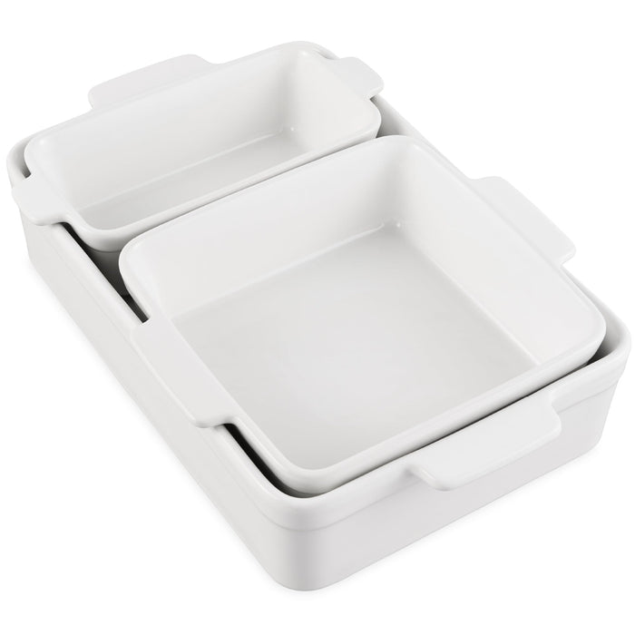 3PC Ceramic Bakeware Set Casserole, Loaf, Square Dishes w/ Handles