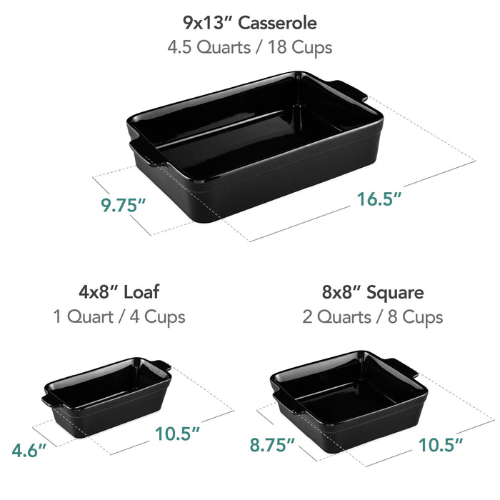 3PC Ceramic Bakeware Set Casserole, Loaf, Square Dishes w/ Handles