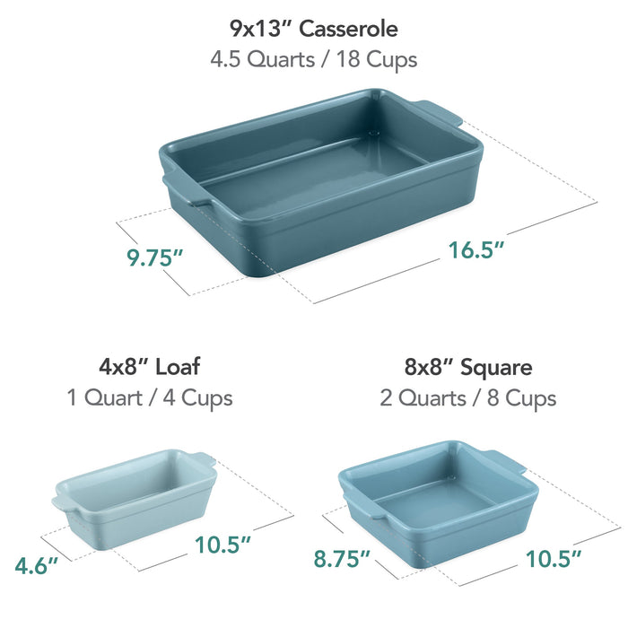 3PC Ceramic Bakeware Set Casserole, Loaf, Square Dishes w/ Handles