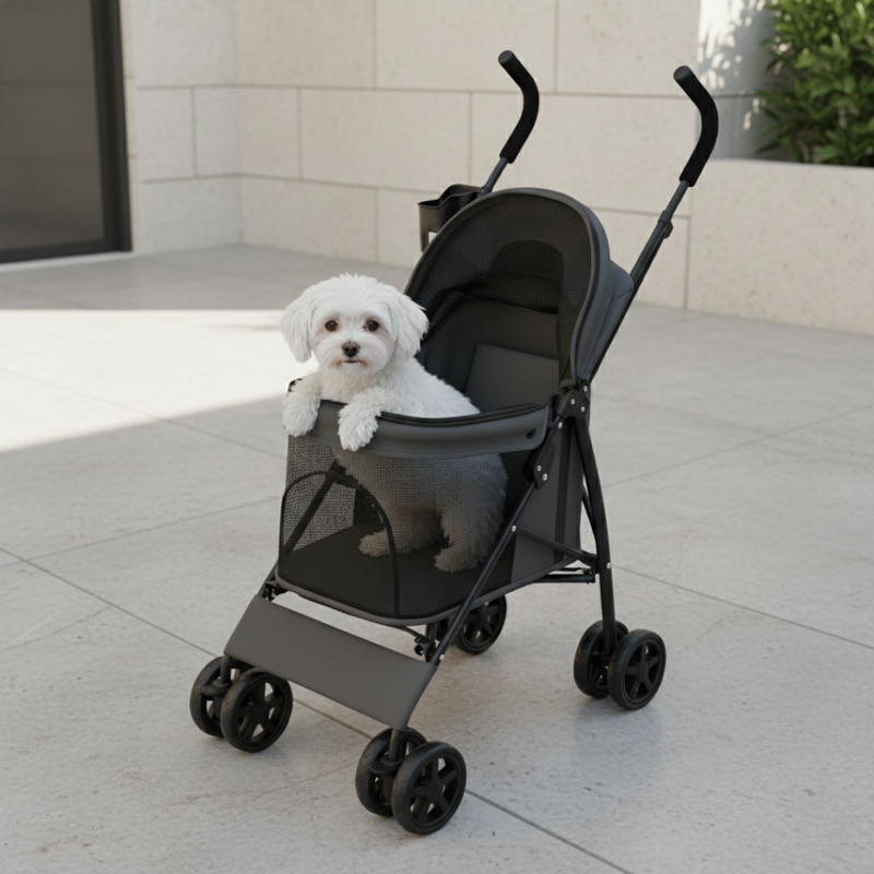 Small/Medium Pet Stroller with 4 Wheels, Sun Cover, Rear Pocket