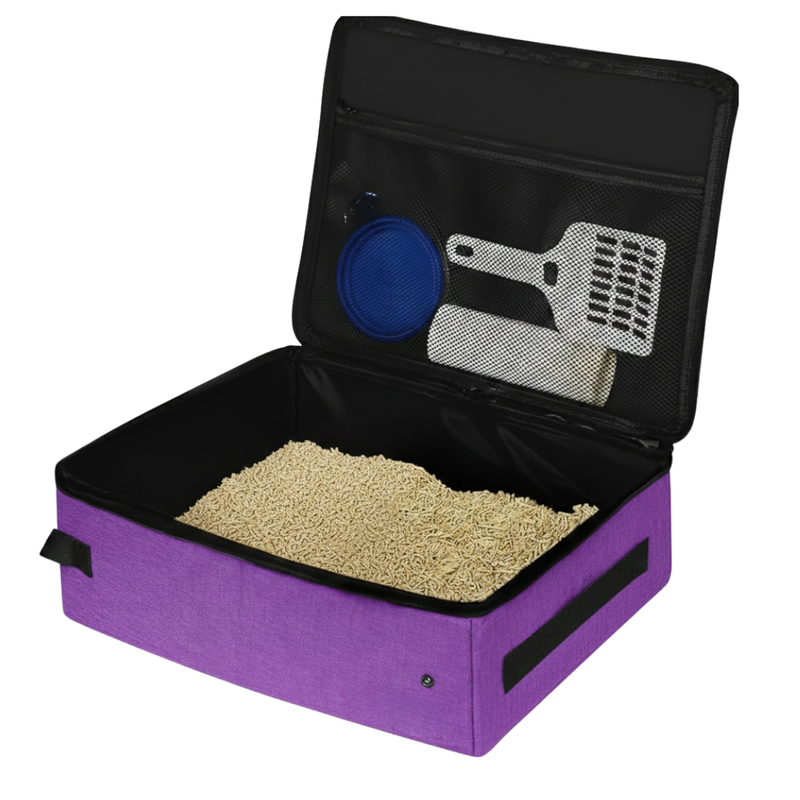 Cat Travel Litter Box with Zip Lid, Liners, Scoop and Bowl Set