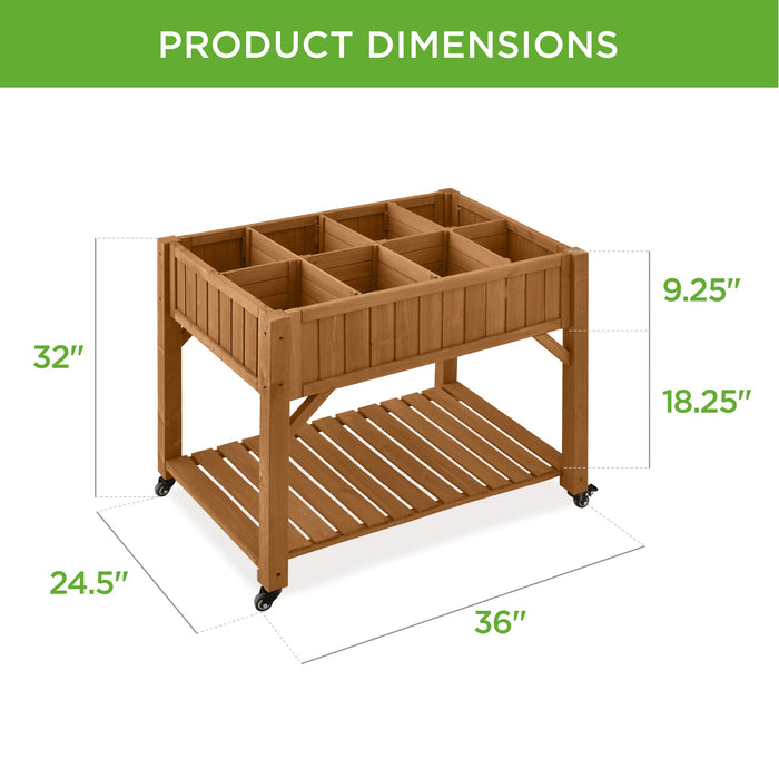 Elevated Mobile Pocket Herb Garden Bed w/ Lockable Wheels, Storage Shelf